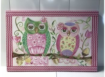 Very Cute Colleen Karis Canvas Painting Glittery Owls Signed By Liesl Long