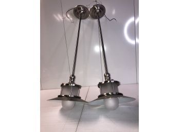 Pair Of 2 Beautiful Quoizel Light Pendants Brushed Nickel W/ Acid Etched Glass