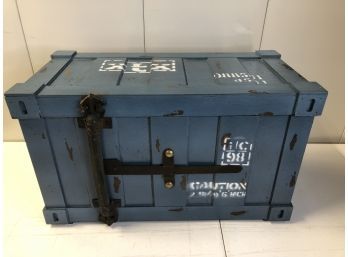 Blue Painted Wood Crate Trunk Iron Detailing And Military Like Styling