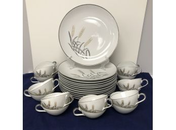 Beautiful Set Of Dinner Plates & Teacups 'Three Wheat' Fine Japan