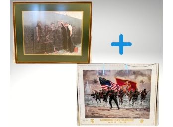 3 / Pair Of Moving Framed Poster Art - Modern Day Marine & Vietnam Veterans Memorial