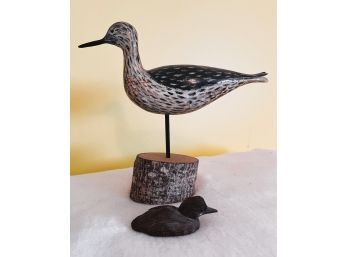 3 / Wood Carved Small Duck & Carved/Painted Large Shorebird