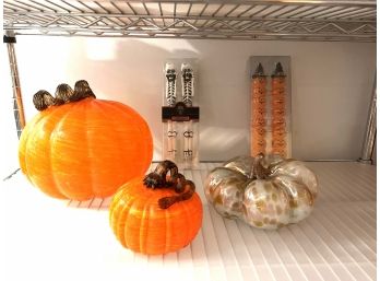 C/ Halloween Decor - 3 Hand Blown Glass Pumpkins & 2 Boxes New Candle Sticks