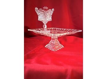 C/ Cut Glass Footed Cake Stand & Small Footed Pressed Glass Nut/Candy Bowl