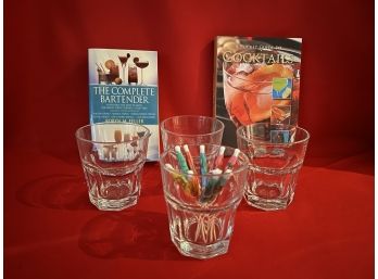 C/ 4 High Ball Glasses, 2 Bartender/Cocktails Books, A Bunch Of Drink Umbrellas