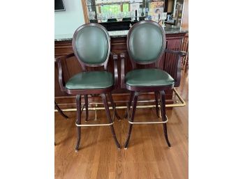 F/ Pair #3 Sophisticated Brown Wood & Green Leather Bar Chairs