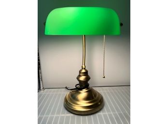 C/ Brass W/ Green Glass Shade Banker's Lamp Light