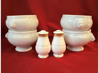 C/ Noritake Gold & White Salt & Pepper And 4 White Soup Bowls W/ Lions Head