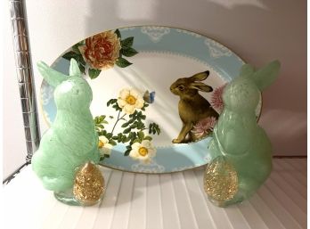 C/ Bunny Decor - William Sonoma Oval Platter & 2 Green Glass Bunnies W/ Gold Eggs