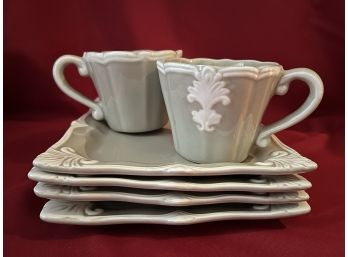 C/ #3 Bundle Of Lovely Taupe & Cream Ceramic Square Lunch Plates & Mugs - Portugal