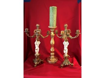 C/ Fabulous Gilt Trio - 2 Ornate Candelabras W/Cherubs & 1 Tall Pillar Candle Holder