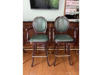 F/ Pair #2 Sophisticated Brown Wood & Green Leather Bar Chairs