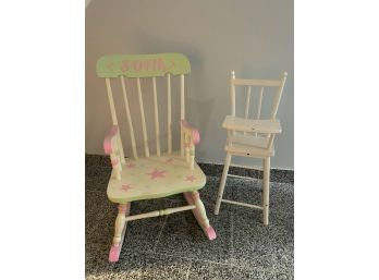 C/ Pink & White Painted Kid's Rocker & White Doll Highchair