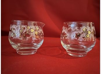 C/ Pink & Gold Floral Painted Glass Creamer & Open Sugar