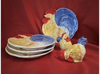 C/ 4 Jacques Pepin Collection Rooster Figural Lunch Plates And Salt & Pepper Shakers