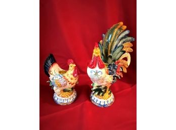 C/ Pair Of Fitz & Floyd Ricamo Rooster Candle Holders Centerpiece