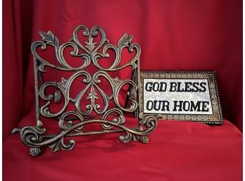 C/ Bronzed Metal Cookbook Stand Holder & God Bless Our Home Wood Sign