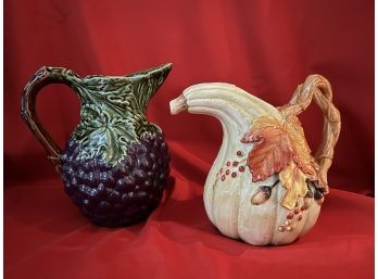 C/ Fitz And Floyd Harvest Autumn Gourd Pitcher & Olfaire Majolica Grape Serving Pitcher