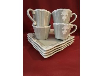 C/ #1 Bundle Of Lovely Taupe & Cream Ceramic Square Lunch Plates & Mugs - Portugal