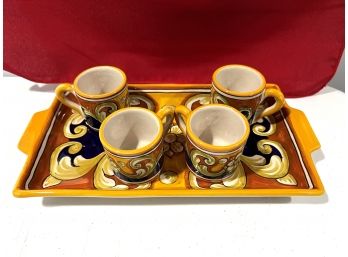 C/ 4 Hand Painted Italy Demitasse Espresso Cups W/ Tray - Sberma Deruta