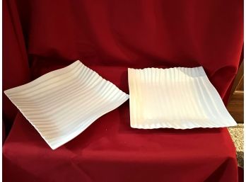 C/ Pair Of White Square Serving Plates W/ Wavy Ridged Pattern