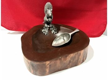 C/ Wood Nut Bowl W/ Pewter Squirrel Figurine & Pewter Acorn Shaped Scoop