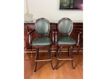 F/ Pair #1 Sophisticated Brown Wood & Green Leather Bar Chairs