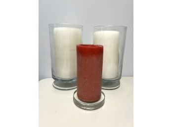 C/ 2 Large Candles Inside Glass Vase, 1 Medium Candle W/ Glass Base