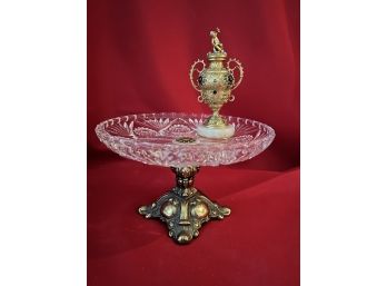 C/ Mini Cut Glass & Brass Cake Stand And Small Ornate Jeweled Gilded Container