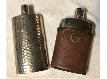 Pair Of Flasks Hammered Metal And Glass Inside Leather Case