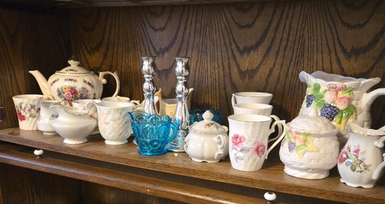 Shelf #1 - Tea Pots, Mugs. Candle Sticks,  Misc