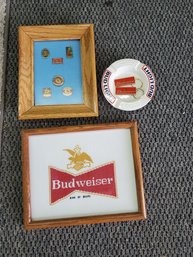 Budweiser Needlepoint, Ashtray, 2 Keychains, Pins