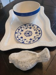 Cream Platter, Cream Bowl With Blue Trim,