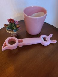 Small Ceramic Flower Arrangement, Pink Cup, Pink Bottle Opener