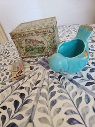 Tin Lebkuchen Box, Trip Scissors, Blue Ceramic Bird Trinket Holder