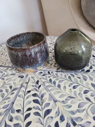 Dark Green Glass Vase ,  Pottery Bowl  Blue And Brown