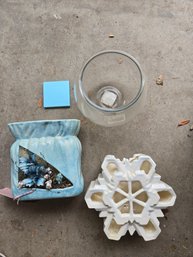 Vases (3) Snowflake, Blue Floral, Glass Bowl