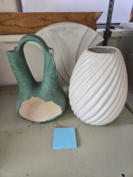 Vases (3) Green Gord Style, White Swirl, White Blue Fan