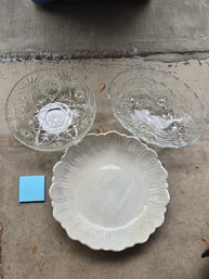 Platter White Blue,  2- Glass Cut Serving Bowls