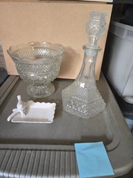 Glass Cut Bowls, Decanter And Bird Soap Dish