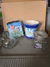 Misc Decor- Tin Basket, Ceramic Flower Pot, 2 Glass Pcs