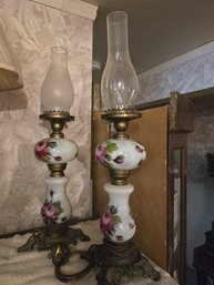 Vintage Ceramic White Floral Lamps Brass Base Set Of 2