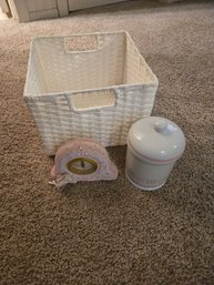 White Wicker Basket,  Ceramic Jar,  Small Clock