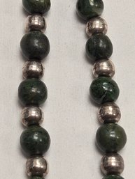 Vintage 925 11' Mexican Silver Beads, Green Stone Serpentine?