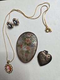 Cameo Earrings, Necklace,  Heart Locked, Floral Pin