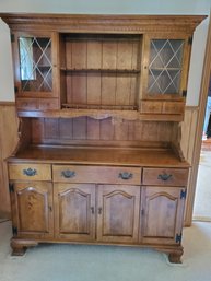 Colonial Maple Sideboard With Leaded Glass Vintage