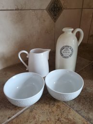 Milk Jug, Pitcher, 2 White Bowls