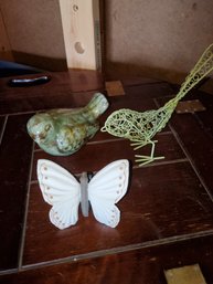 Green Ceramic,  White Birds And Metal Butterfly