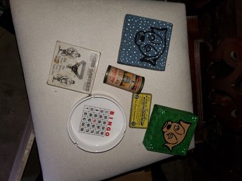 Decor Item Group  #2 : Dog Art, Bingo Ash Tray, Vintage Containers  (6)