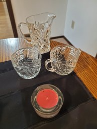 Glass Cut Serving Pieces And Candle - 4 Items